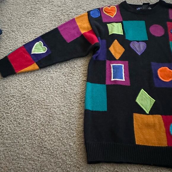 VINTAGE RETRO STYLE MULTI-COLOR PATCHES DESIGN 70’s FUN SWEATER MED - Picture 7 of 12